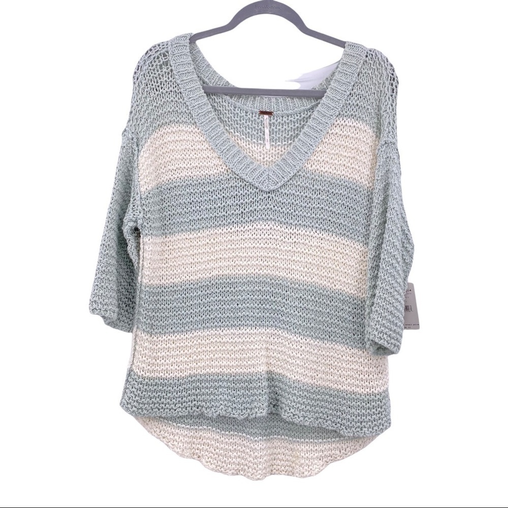 Free People Slouchy Chunky Knit Boho Striped Sweater Women Size Small Mint/White